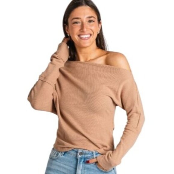 FP Women Asymmetrical Off Shoulder Casual Top XS Beige Waffle Capsule Minimalist - Picture 1 of 10